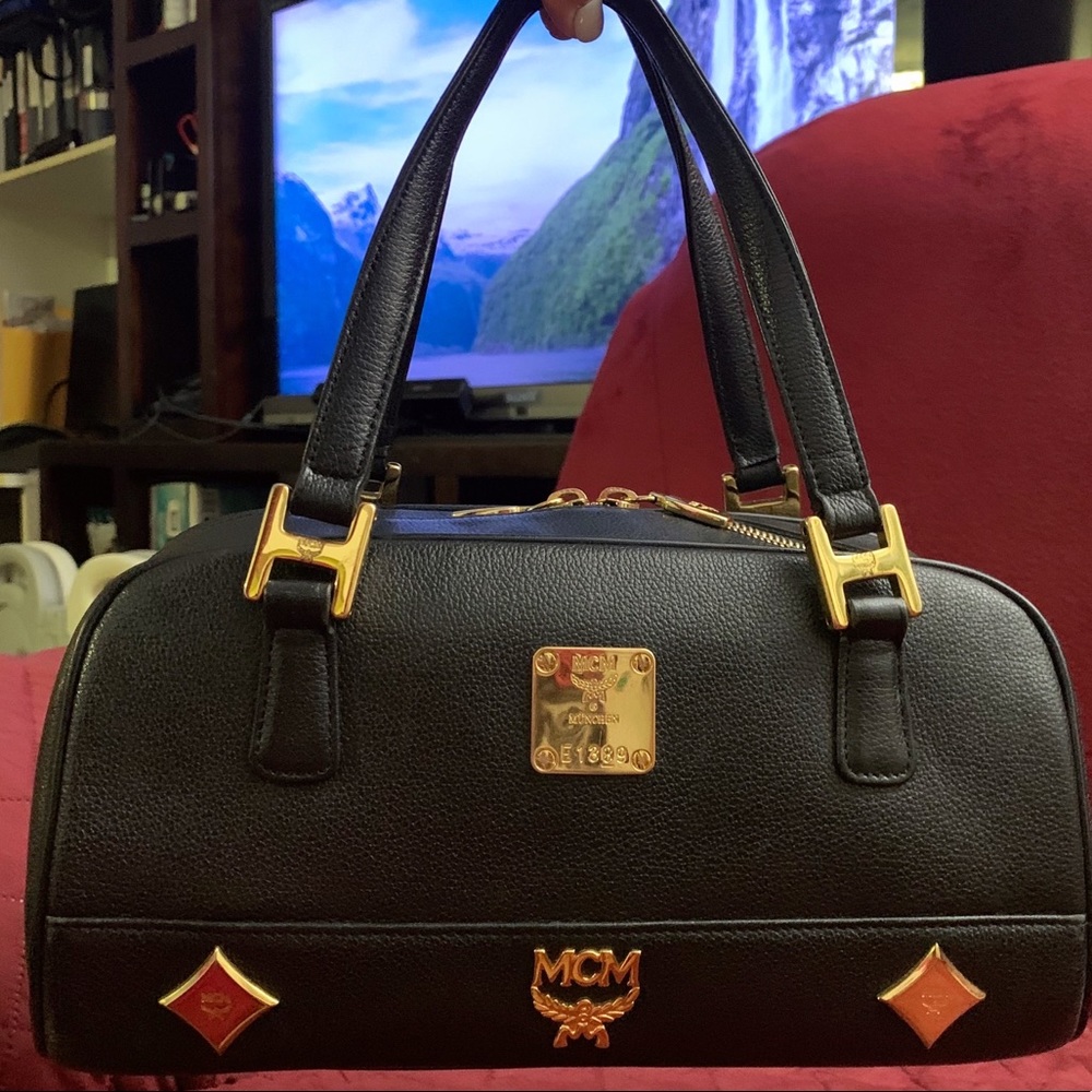 💯 Authentic MCM Gold Studded Handbag in Black Calf Leather